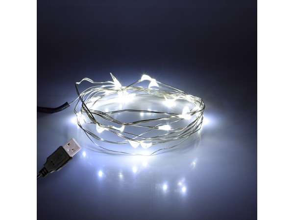 GLOBOSTAR® STRINGLIGHT 79730 Γιρλάντα 2m 20 LED 1.2W 96lm 360° DC 5V με USB 2.0 IP20 Ψυχρό Λευκό 6000Κ Dimmable - Ασημί - Μ200 x Π0.6 x Υ0.6cm - 1 Χρόνο Εγγύηση