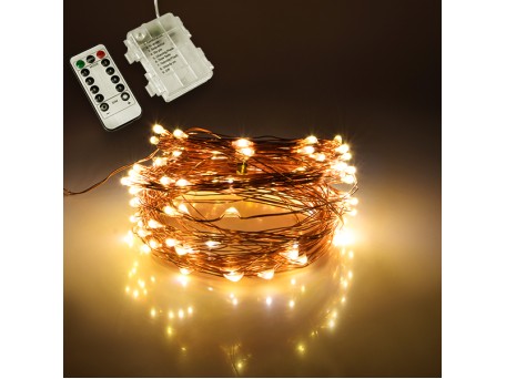 GLOBOSTAR® STARLET 79780 Σετ Γιρλάντας 10m 100 LED με Κουτί Τροφοδοσίας & RF Ασύρματο Χειριστήριο LED 6W 420lm 360° DC 5V με 3xAAA Μπαταρίες Αδιάβροχο IP54 Θερμό Λευκό 2700Κ Dimmable - Χάλκινο - Μ1000 x Π0.6 x Υ0.6cm - 1 Χρόνο Εγγύηση
