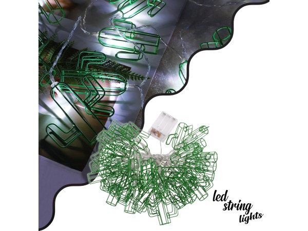 79802 Διακοσμητική Γιρλάντα Green Cactus 6 Μέτρα με Διακόπτη On/Off - 40 LED 4W με Μπαταρίες 3xAA & Διάφανο Καλώδιο IP20 Ψυχρό Λευκό 6000K Μ6m