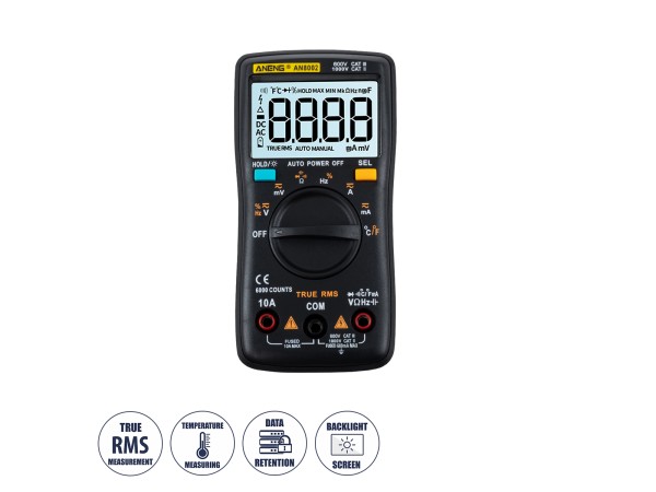 GloboStar® 79975 Ψηφιακό Φορητό Πολύμετρο Data Retantion True RMS Intelligent Automation Μπαταρίας 2 x AAA (Δεν Περιλαμβάνονται) Μετρητής Τάσης AC/DC - Θερμοκρασία - Αμπερόμετρο - Voltmeter - Καπασιτόμετρο - Ohm - Μαύρο