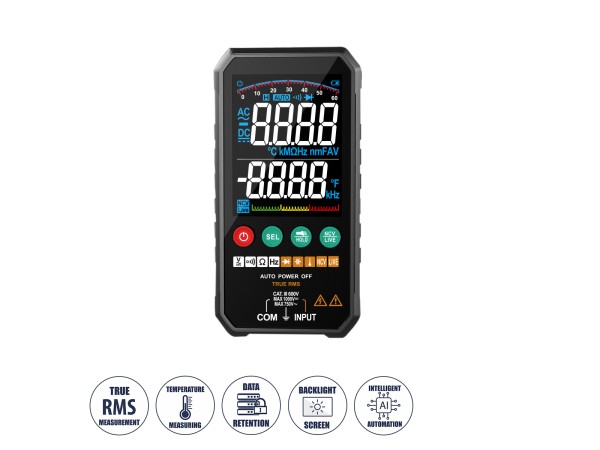 GLOBOSTAR® DIGIMETRIC 79976 Ψηφιακό ΠολύμετροTrue RMS AI με Μετρητή Τάσης Volt AC & DC, Θερμοκρασίας, Ampere, Καπασιτόμετρο, Ohm & Οπίσθιος Φακός - CATIII 600V Max 1000VDC/750VAC - Μ14.2 x Π7 x Υ2cm - 2 Χρόνια Εγγύηση