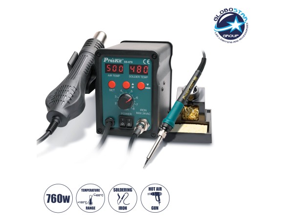 GloboStar® 79979 ProsKit SS-979 Ψηφιακός Σταθμός Συγκόλλησης 2in1 με Dual Digital Ψηφιακή Οθόνη - Κολλητήρι - Πιστόλι Θερμού Αέρα Hot Air Soldering Welding Gun και PID Προγραμματιζόμενο Σύστημα Ελέγχου Θερμοκρασίας - 760W