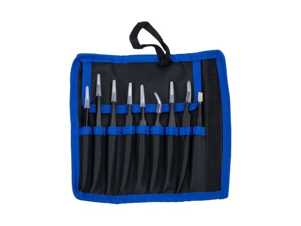 GloboStar® 79997 Επαγγελματικό Mini Σετ Λαβίδων - Τσιμπίδων - Tweezers 9 Τεμαχίων σε 1 DIY Tool Kit Υψηλής Αντοχής Stainless Steel Μαύρο Μ19 x Π2.5 x Υ19cm