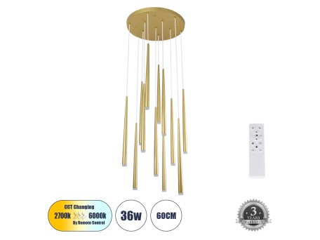 GLOBOSTAR® TEARS 61314 Μοντέρνο Κρεμαστό Φωτιστικό Οροφής LED 36W 3960lm 180° AC 220-240V IP20 Ρυθμιζόμενο Λευκό CCT με Χειριστήριο από 2700K έως 6000K Dimmable - Lumileds SMD Chip - Χρυσό Βούρτσας - Μ60 x Π60 x Υ51.5cm - 3 Χρόνια Εγγύηση