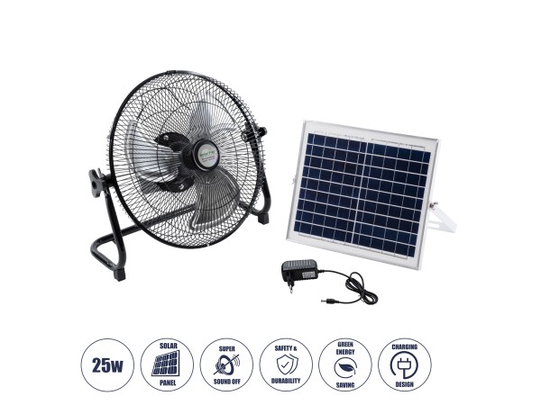 GloboStar® SOLARO-FAN 85352 Solar Fan Αυτόνομος Ηλιακός Επιδαπέδιος Ανεμιστήρας 25W 2 Λειτουργιών Ρεύματος με AC 220-240V ή με Φωτοβολταϊκό Panel 9V 12W & Επαναφορτιζόμενη Μπαταρία Li-ion 7.4V 4400mAh - 12 Ταχύτητες - Ενσωματωμένο USB 2.0 Charger Συσκευών