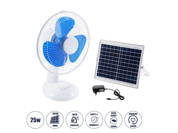 GloboStar® SOLARI-FAN 85353 Solar Fan Αυτόνομος Ηλιακός Επιτραπέζιος Ανεμιστήρας 25W 2 Λειτουργιών Ρεύματος με AC 220-240V ή με Φωτοβολταϊκό Panel 9V 12W & Επαναφορτιζόμενη Μπαταρία Li-ion 7.4V 4400mAh - 3 Ταχύτητες - IP20 - Μ24 x Π36 x Υ49cm - Λευκό & Μπ