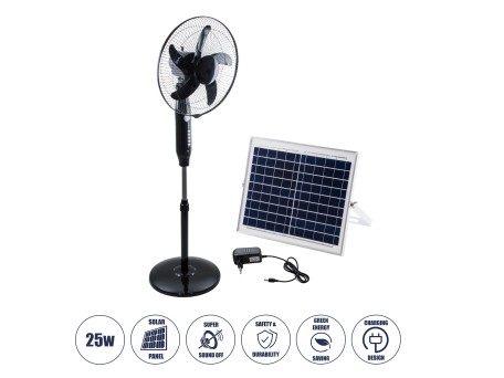 GloboStar® SOLARA-FAN 85356 Solar Fan Αυτόνομος Ηλιακός Επιδαπέδιος Ανεμιστήρας 25W 2 Λειτουργιών Ρεύματος με AC 220-240V ή με Φωτοβολταϊκό Panel 9V 12W & Επαναφορτιζόμενη Μπαταρία Li-ion 7.4V 4400mAh - 3 Ταχύτητες - Ενσωματωμένο USB 2.0 Charger Συσκευών 