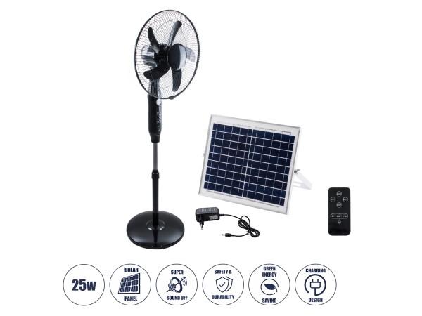 GloboStar® SOLARE-FAN 85358 Solar Fan Αυτόνομος Ηλιακός Επιδαπέδιος Ανεμιστήρας 25W 2 Λειτουργιών Ρεύματος με AC 220-240V ή με Φωτοβολταϊκό Panel 9V 15W & Επαναφορτιζόμενη Μπαταρία Li-ion 7.4V 6000mAh - 12 Ταχύτητες - Ασύρματο Χειριστήριο - Ενσωματωμένο U