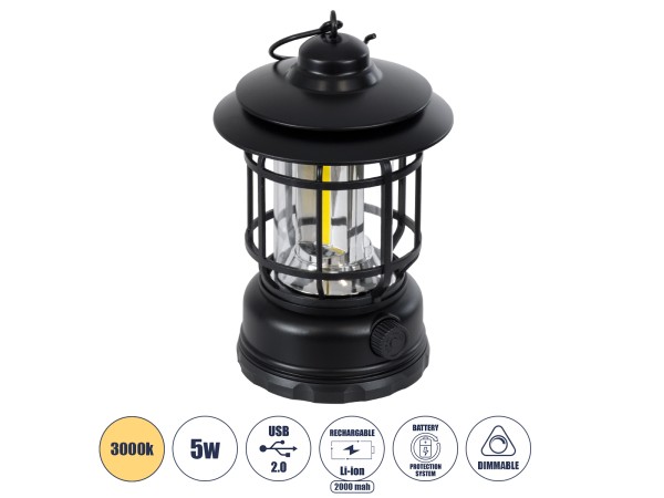 GloboStar® 85692 Αυτόνομο Επαναφορτιζόμενο Φανάρι Camping LED 5W USB 2.0 με Επαναφορτιζόμενη Μπαταρία 1 x 18650 2000mAh Li-ion - IP20 - Dimmable - Μαύρο με Διάφανο Γυαλί - Θερμό Λευκό 3000K Φ12 x Υ17cm GloboStar® 85692 Αυτόνομο Επαναφορτιζόμενο Φανάρι Camping LED 5W USB 2.0 με Επαναφορτιζόμενη Μπαταρία 1 x 18650 2000mAh Li-ion - IP20 - Dimmable - Μαύρο με Διάφανο Γυαλί - Θερμό Λευκό 3000K Φ12 x Υ17cm