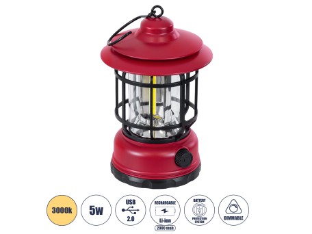 GloboStar® 85694 Αυτόνομο Επαναφορτιζόμενο Φανάρι Camping LED 5W USB 2.0 με Επαναφορτιζόμενη Μπαταρία 1 x 18650 2000mAh Li-ion - IP20 - Dimmable - Κόκκινο με Διάφανο Γυαλί - Θερμό Λευκό 3000K Φ12 x Υ17cm