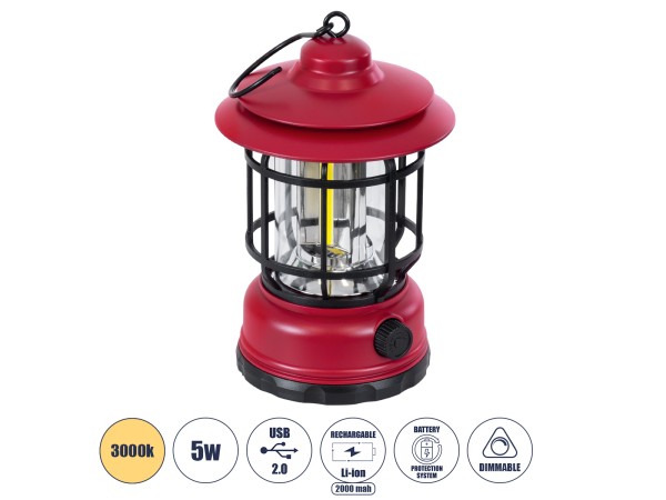 GloboStar® 85694 Αυτόνομο Επαναφορτιζόμενο Φανάρι Camping LED 5W USB 2.0 με Επαναφορτιζόμενη Μπαταρία 1 x 18650 2000mAh Li-ion - IP20 - Dimmable - Κόκκινο με Διάφανο Γυαλί - Θερμό Λευκό 3000K Φ12 x Υ17cm