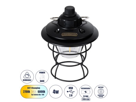 GloboStar® 85695 Αυτόνομο Φανάρι Camping LED 4W USB 2.0 με Επαναφορτιζόμενη Μπαταρία 1 x 18650 2000mAh Li-ion Power Bank IP20 Dimmable Μαύρο με Διάφανο Γυαλί CCT Εναλλαγή Φωτισμού μέσω On/Off All In One Ψυχρό 6000K+Φυσικό 4500K+Θερμό 2700K Φ13.5 x Υ17.5cm