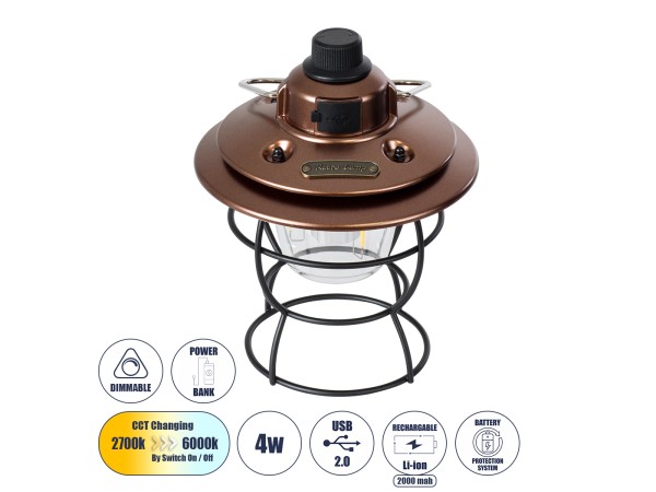 GloboStar® 85697 Αυτόνομο Φανάρι Camping LED 4W USB 2.0 με Επαναφορτιζόμενη Μπαταρία 1 x 18650 2000mAh Li-ion Power Bank IP20 Dimmable Καφέ με Διάφανο Γυαλί CCT Εναλλαγή Φωτισμού μέσω On/Off All In One Ψυχρό 6000K+Φυσικό 4500K+Θερμό 2700K Φ13.5 x Υ17.5cm