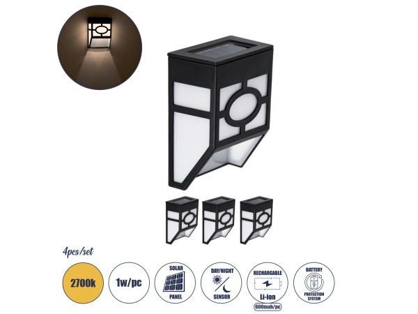 GloboStar® 85707 ΣΕΤ 4 Τεμαχίων Αυτόνομα Ηλιακά Φωτιστικά Τοίχου Μαύρα-Λευκά LED SMD 1W 100lm με Ενσωματωμένη Μπαταρία 600mAh - Φωτοβολταϊκό Πάνελ με Αισθητήρα Ημέρας-Νύχτας Αδιάβροχα IP65 Θερμό Λευκό 3000K GloboStar® 85707 ΣΕΤ 4 Τεμαχίων Αυτόνομα Ηλιακά Φωτιστικά Τοίχου Μαύρα-Λευκά LED SMD 1W 100lm με Ενσωματωμένη Μπαταρία 600mAh - Φωτοβολταϊκό Πάνελ με Αισθητήρα Ημέρας-Νύχτας Αδιάβροχα IP65 Θερμό Λευκό 3000K