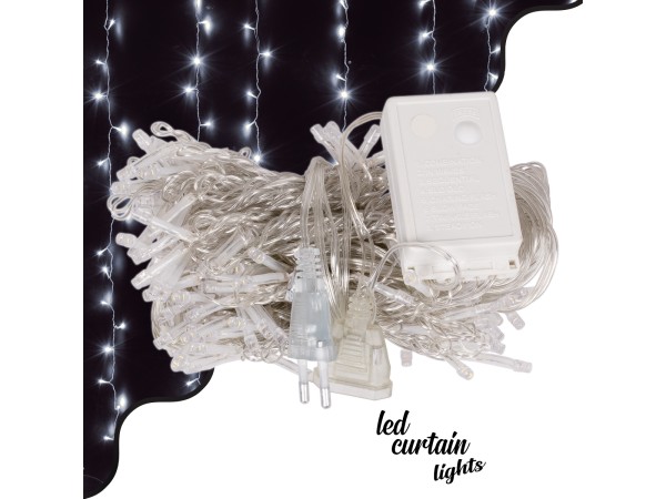 85801 Διακοσμητική Κουρτίνα 3 x 2 Μέτρα με Controller 8 Προγραμμάτων Φωτισμού - Επεκτεινόμενη 240 LED 6W AC 230V με Διάφανο Καλώδιο & Πρίζα Schuko IP20 Ψυχρό Λευκό 6000K Μ3 x Υ2m