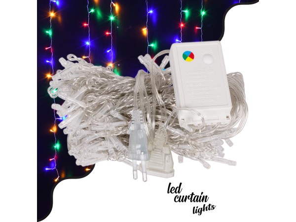 85802 Διακοσμητική Κουρτίνα 3 x 2 Μέτρα με Controller 8 Προγραμμάτων Φωτισμού - Επεκτεινόμενη 240 LED 6W AC 230V με Διάφανο Καλώδιο & EU Πρίζα IP20 Πολύχρωμο RGB Μ3 x Υ2m