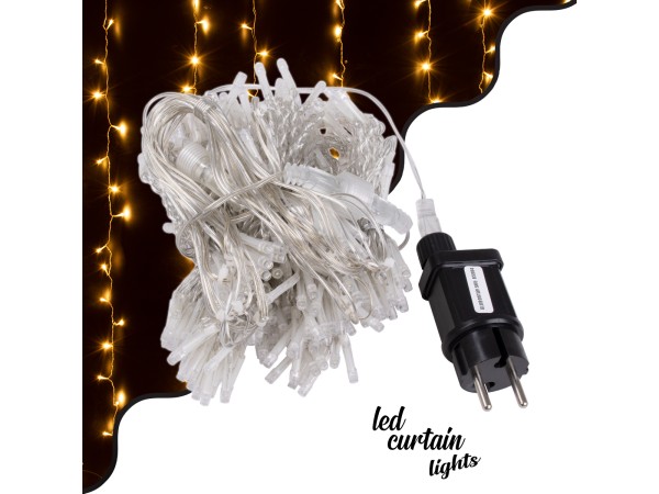 85803 Διακοσμητική Κουρτίνα 3 x 3 Μέτρα με Controller 8 Προγραμμάτων Φωτισμού - Επεκτεινόμενη 300 LED 8W AC 230V με Διάφανο Καλώδιο & Πρίζα Schuko Αδιάβροχη IP67 Θερμό Λευκό 3000K Μ3 x Υ3m