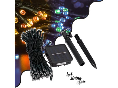 85809 Διακοσμητική Γιρλάντα 10 Μέτρων με Controller 8 Προγραμμάτων Φωτισμού - 100 LED 4W με Ενσωματωμένη Μπαταρία 600mAh - Φωτοβολταϊκό Πάνελ - Αισθητήρα Ημέρας-Νύχτας - Βάση Κήπου & Σκούρο Πράσινο Καλώδιο Αδιάβροχη IP65 Πολύχρωμη RGB Μ10m