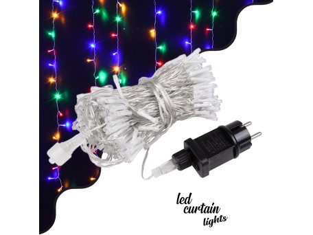 85829 Διακοσμητική Κουρτίνα 3 x 3 Μέτρα με Controller 8 Προγραμμάτων Φωτισμού - Επεκτεινόμενη 300 LED 3.6W AC 230V με Διάφανο Καλώδιο & Πρίζα Schuko Αδιάβροχη IP44 Πολύχρωμο RGB Μ3 x Υ3m