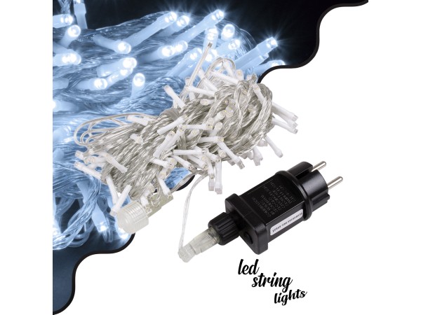 85834 Διακοσμητική Γιρλάντα 13 Μέτρα με Controller 8 Προγραμμάτων Εναλλαγών Φωτισμού - Επεκτεινόμενη 100 LED 3.6W AC 230V με Διάφανο Καλώδιο & Πρίζα Schuko Αδιάβροχη IP44 Ψυχρό Λευκό 6000K Μ13m