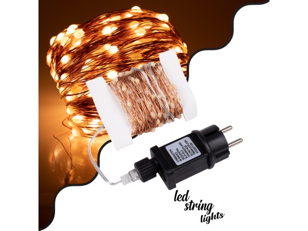 85842 Διακοσμητική Γιρλάντα 20 Μέτρα με Controller 8 Προγραμμάτων Εναλλαγών Φωτισμού - 200 LED 1.3W AC 230V με Χάλκινο Καλώδιο & Πρίζα Schuko Αδιάβροχη IP44 Θερμό Λευκό 3000K Μ20m