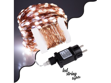 85843 Διακοσμητική Γιρλάντα 20 Μέτρα με Controller 8 Προγραμμάτων Εναλλαγών Φωτισμού - 200 LED 1.3W AC 230V με Χάλκινο Καλώδιο & Πρίζα Schuko Αδιάβροχη IP44 Ψυχρό Λευκό 6000K Μ20m