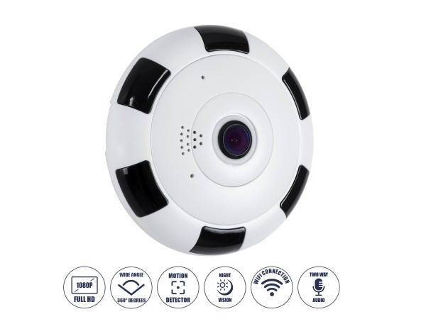 GloboStar® 86027 Επιτοίχια IP Camera 1080P WiFi 360° Μοιρών - Νυχτερινή Όραση με LED IR - Διπλή Κατέυθυνση Ομιλίας - Ανιχνευτή Κίνησης - Νυχτερινή Λήψη - Λευκό Μαύρο