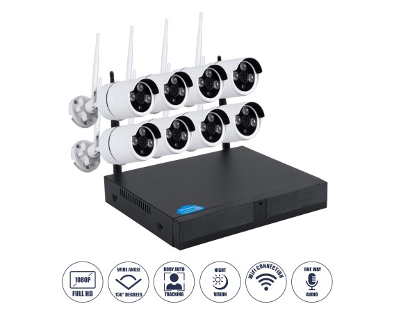 GloboStar® 86038 Ασύρματο Καταγραφικό με 8 x Camera 2MP 1080P WiFi  150° Μοιρών - Αδιάβροχο IP66 - Νυχτερινή Όραση με LED IR - Μονή Κατέυθυνση Ομιλίας - Ανιχνευτή Κίνησης - Νυχτερινή Λήψη - Λευκό