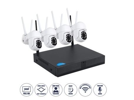 GloboStar® 86039 Ασύρματο Καταγραφικό με 4 x Camera 2MP 1080P WiFi  360° Μοιρών - Αδιάβροχο IP66 - Νυχτερινή Όραση με LED IR - Διπλή Κατέυθυνση Ομιλίας - Ανιχνευτή Κίνησης - Νυχτερινή Λήψη - Λευκό