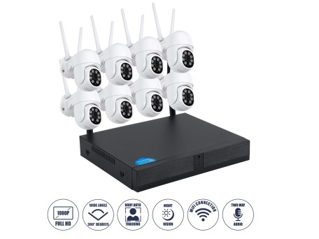 GloboStar® 86040 Ασύρματο Καταγραφικό με 8 x Camera 2MP 1080P WiFi  360° Μοιρών - Αδιάβροχο IP66 - Νυχτερινή Όραση με LED IR - Διπλή Κατέυθυνση Ομιλίας - Ανιχνευτή Κίνησης - Νυχτερινή Λήψη - Λευκό