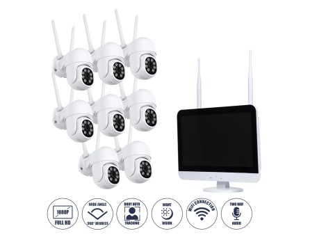 GloboStar® 86042 Ασύρματο Καταγραφικό με Οθόνη - 8 x Camera 2MP 1080P WiFi  360° Μοιρών - Αδιάβροχο IP66 - Νυχτερινή Όραση με LED IR - Διπλή Κατέυθυνση Ομιλίας - Ανιχνευτή Κίνησης - Νυχτερινή Λήψη - Λευκό