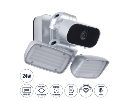 GloboStar® 86043 Προβολέας LED SMD 24W 2160lm με IP Camera 1080P 2MP WiFi 150° Μοιρών - AC 230V - με Αισθητήρα Ημέρας-Νύχτας & Ρύθμιση Χρόνου Ανάμματος - Αδιάβροχος IP66 Ψυχρό Λευκό 6000K - Ασημί