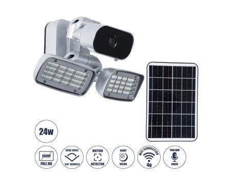 GloboStar® 86045 Αυτόνομος Ηλιακός Προβολέας LED SMD 24W 1200lm με IP Camera 1080P 2MP 4G SIM CARD WiFi 150° Ενσωματωμένη Μπαταρία 3200mAh Φωτοβολταϊκό Πάνελ Αισθητήρα Ημέρας-Νύχτας & Ρύθμιση Χρόνου Ανάμματος Αδιάβροχος IP66 Ψυχρό Λευκό 6000K - Ασημί