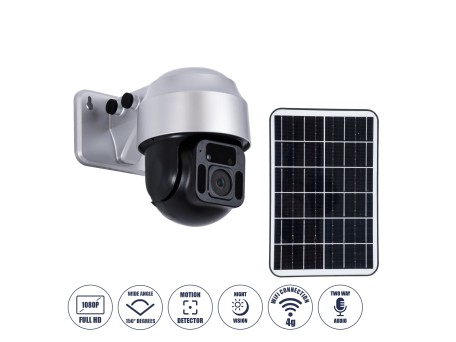 GloboStar® 86054 Αυτόνομη Ηλιακή Camera 1080P 2MP 4G SIM CARD WiFi 150° Μπαταρία 3200mAh Φωτοβολταϊκό Πάνελ Διπλή Κατέυθυνση Ομιλίας Αδιάβροχη IP66 Ψυχρό Λευκό 6000K - Ασημί