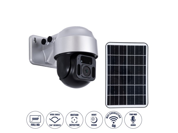 GloboStar® 86054 Αυτόνομη Ηλιακή Camera 1080P 2MP 4G SIM CARD WiFi 150° Μπαταρία 3200mAh Φωτοβολταϊκό Πάνελ Διπλή Κατέυθυνση Ομιλίας Αδιάβροχη IP66 Ψυχρό Λευκό 6000K - Ασημί