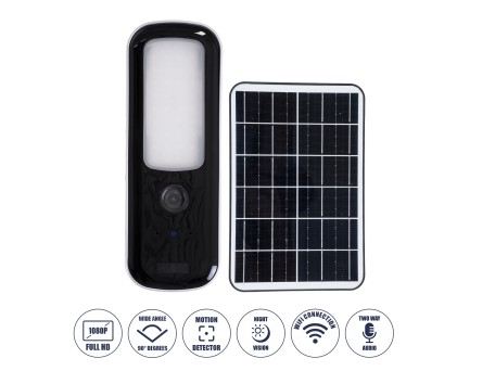 GloboStar® 86073 Αυτόνομος Ηλιακός Επιτοίχιος Προβολέας LED SMD 12W 600lm με IP Camera 1080P 2MP WiFi 150° Μοιρών - Ενσωματωμένη Μπαταρία 2500mAh - Φωτοβολταϊκό Πάνελ - Αισθητήρα Ημέρας-Νύχτας & Ρύθμιση Χρόνου Ανάμματος - Αδιάβροχος IP66 Ψυχρό Λευκό 6000K