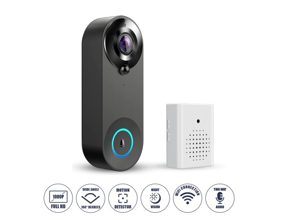 GloboStar® 86075 Επαναφορτιζόμενη Ψηφιακή Έξυπνη Camera Εξώπορτας 1080P WiFi 166° Μοιρών - 2500mAh - Νυχτερινή Όραση με LED IR - Ανιχνευτή Κίνησης - Κουδούνι - Διπλή Κατέυθυνση Ομιλίας - Μαύρο