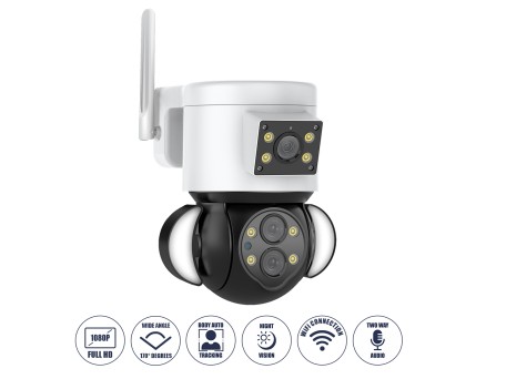 GloboStar® 86076 Επιτοίχια Κάμερα Πρίζας WiFi HD 1080P 350° Διπλή Κατέυθυνση Ομιλίας & Ανιχνευτή Κίνησης - Απομακρυσμένος Έλεγχος - Αδιάβροχη IP65 - Λευκό Μαύρο - Μ15 x Π14.5 x Y15cm - 2 Χρόνια Εγγύηση