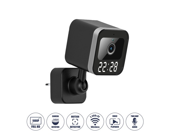 GloboStar® 86082 Επιτοίχια Κάμερα Πρίζας WiFi HD 1080P 350° Διπλή Κατέυθυνση Ομιλίας & Ανιχνευτή Κίνησης - Απομακρυσμένος Έλεγχος IP20 - Μαύρο - Μ6 x Π5.5 x Υ16cm - 2 Χρόνια Εγγύηση