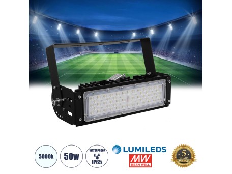 GLOBOSTAR® GOLIATH 90100-1 Προβολέας για Γήπεδα Tennis & Ποδοσφαίρου 5x5 LED 50W 7500lm 75°x135° SDCM<5 Fish Eye Lens AC 220-240V Αδιάβροχο IP65 IK08 Φυσικό Λευκό 5000K - Lumileds SMD Chip & Mean Well Driver - Μαύρο Ματ - Μ32 x Π12 x Υ9cm - 5 Χρόνια Εγγύη