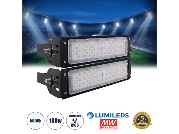 GLOBOSTAR® GOLIATH 90100-2 Προβολέας για Γήπεδα Tennis & Ποδοσφαίρου 5x5 LED 100W 15000lm 75°x135° SDCM<5 Fish Eye Lens AC 220-240V Αδιάβροχο IP65 IK08 Φυσικό Λευκό 5000K - Lumileds SMD Chip & Mean Well Driver - Μαύρο Ματ - Μ32 x Π12 x Υ18cm - 5 Χρόνια Εγ