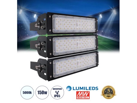 GLOBOSTAR® GOLIATH 90100-3 Προβολέας για Γήπεδα Tennis & Ποδοσφαίρου 5x5 LED 150W 22500lm 75°x135° SDCM<5 Fish Eye Lens AC 220-240V Αδιάβροχο IP65 IK08 Φυσικό Λευκό 5000K - Lumileds SMD Chip & Mean Well Driver - Μαύρο Ματ - Μ32 x Π12 x Υ27cm - 5 Χρόνια Εγ