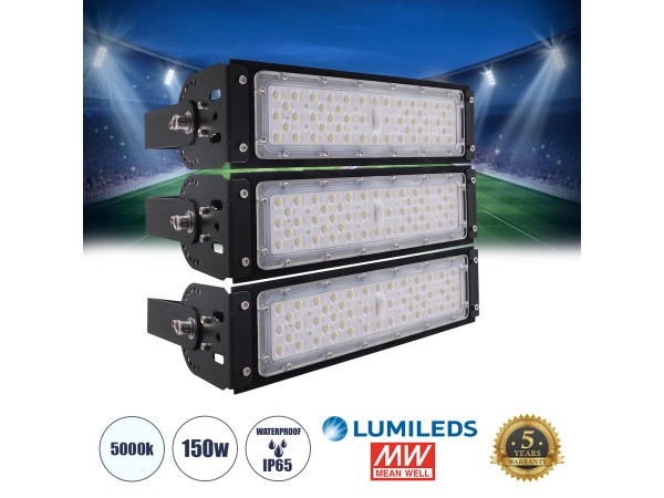 GLOBOSTAR® GOLIATH 90100-3 Προβολέας για Γήπεδα Tennis & Ποδοσφαίρου 5x5 LED 150W 22500lm 75°x135° SDCM<5 Fish Eye Lens AC 220-240V Αδιάβροχο IP65 IK08 Φυσικό Λευκό 5000K - Lumileds SMD Chip & Mean Well Driver - Μαύρο Ματ - Μ32 x Π12 x Υ27cm - 5 Χρόνια Εγ