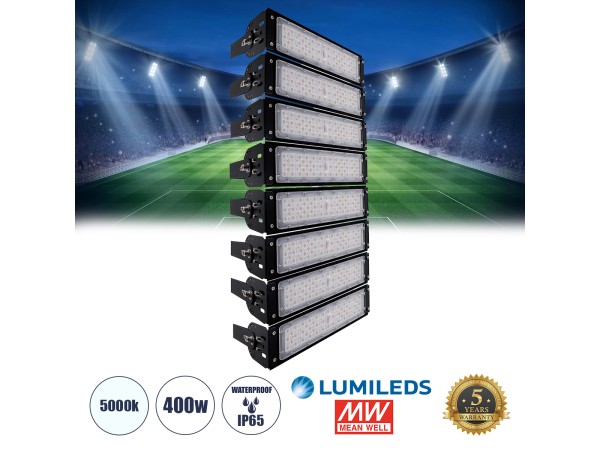 GLOBOSTAR® GOLIATH 90100-8 Προβολέας για Γήπεδα Tennis & Ποδοσφαίρου 5x5 LED 400W 60000lm 75°x135° SDCM<5 Fish Eye Lens AC 220-240V Αδιάβροχο IP65 IK08 Φυσικό Λευκό 5000K - Lumileds SMD Chip & Mean Well Driver - Μαύρο Ματ - Μ32 x Π12 x Υ72cm - 5 Χρόνια Εγ