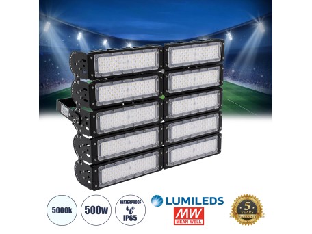 GLOBOSTAR® GOLIATH 90104 Προβολέας για Γήπεδα Tennis & Ποδοσφαίρου 5x5 LED 500W 75000lm 75°x135° SDCM<5 Fish Eye Lens AC 220-240V Αδιάβροχο IP65 IK08 Φυσικό Λευκό 5000K - Lumileds SMD Chip & Mean Well Driver - Μαύρο Ματ - Μ62 x Π22 x Υ45cm - 5 Χρόνια Εγγύ