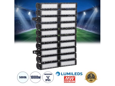 GLOBOSTAR® GOLIATH 90105 Προβολέας για Γήπεδα Tennis & Ποδοσφαίρου 5x5 LED 1000W 150000lm 75°x135° SDCM<5 Fish Eye Lens AC 220-240V Αδιάβροχο IP65 IK08 Φυσικό Λευκό 5000K - Lumileds SMD Chip & Mean Well Driver - Μαύρο Ματ - Μ62 x Π22 x Υ90cm - 5 Χρόνια Εγ