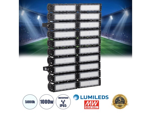 GLOBOSTAR® GOLIATH 90105 Προβολέας για Γήπεδα Tennis & Ποδοσφαίρου 5x5 LED 1000W 150000lm 75°x135° SDCM<5 Fish Eye Lens AC 220-240V Αδιάβροχο IP65 IK08 Φυσικό Λευκό 5000K - Lumileds SMD Chip & Mean Well Driver - Μαύρο Ματ - Μ62 x Π22 x Υ90cm - 5 Χρόνια Εγ