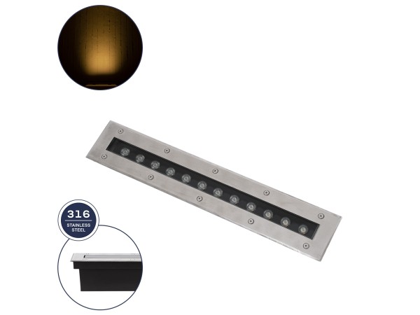 GLOBOSTAR® UNDERGROUNDREMVI 90192 Χωνευτή Μπάρα Φωτισμού Wall Washer LED 12W 1320lm 10° DC 24V Αδιάβροχο IP68 Θερμό Λευκό 2700K Dimmable - Bridgelux SMD Chip - Ανοξείδωτο Ατσάλι SS316 - Μ50 x Π7.4 x Υ7cm / Q48.5 x 7.5cm - 3 Χρόνια Εγγύηση