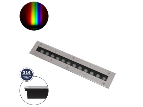 GLOBOSTAR® UNDERGROUNDREMVI 90193 Χωνευτή Μπάρα Φωτισμού Wall Washer LED 12W 1020lm 10° DC 24V Αδιάβροχο IP68 Πολύχρωμο RGBW Dimmable DMX512 - Bridgelux SMD Chip - Ανοξείδωτο Ατσάλι SS316 - Μ50 x Π9 x Υ7.2cm / Q48.5 x 7.5cm - 3 Χρόνια Εγγύηση