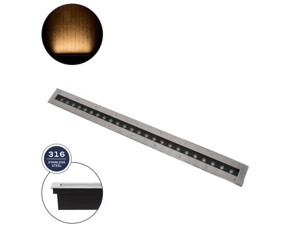 GLOBOSTAR® UNDERGROUNDREMVI 90194 Χωνευτή Μπάρα Φωτισμού Wall Washer LED 24W 2640lm 10° DC 24V Αδιάβροχο IP68 Θερμό Λευκό 2700K Dimmable - Bridgelux SMD Chip - Ανοξείδωτο Ατσάλι SS316 - Μ100 x Π9 x Υ7.2cm / Q98.2 x 7.6cm - 3 Χρόνια Εγγύηση